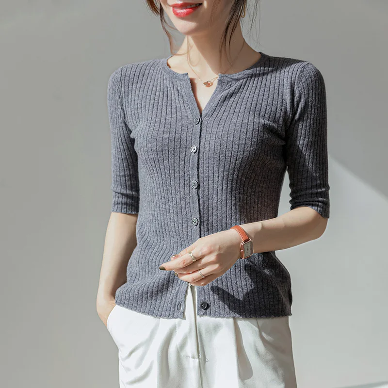 

Spring Newly Elasticity Women Cardigans 2021 Fashion Slim Ladies Solid Knitted Sweater Short Sleeve Buttons Jacket