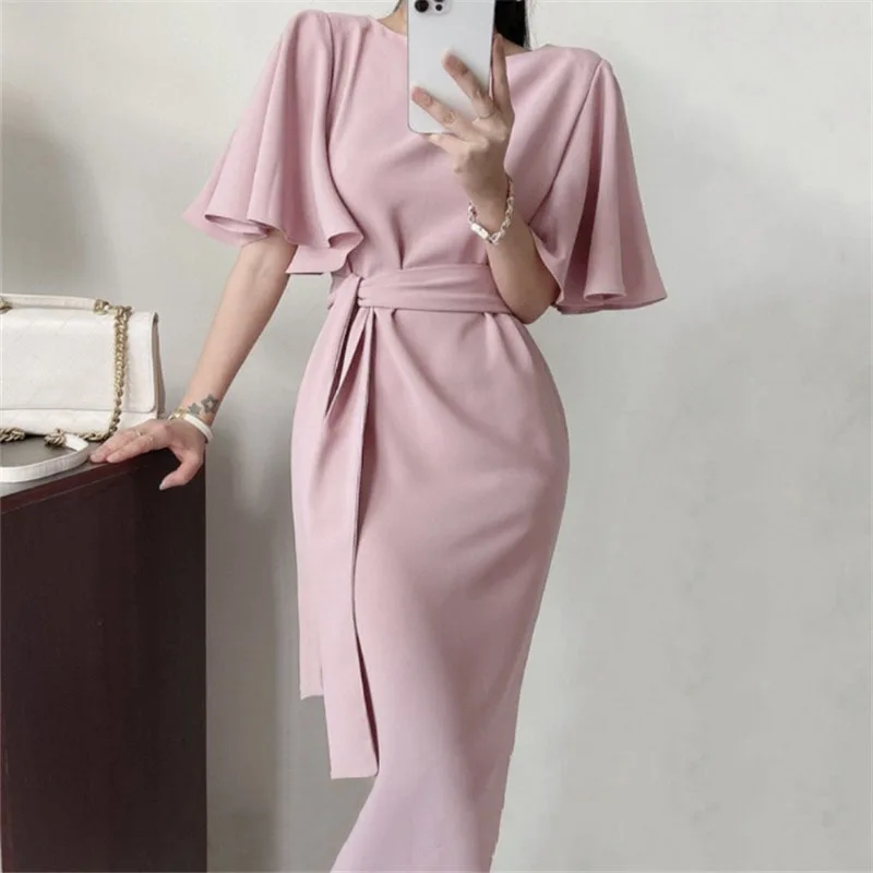 

Korean Chic Summer Elegant and Gentle Temperament Lotus Leaf Sleeves Lotus Round Neck Loose Waist Tie Long Dress Women