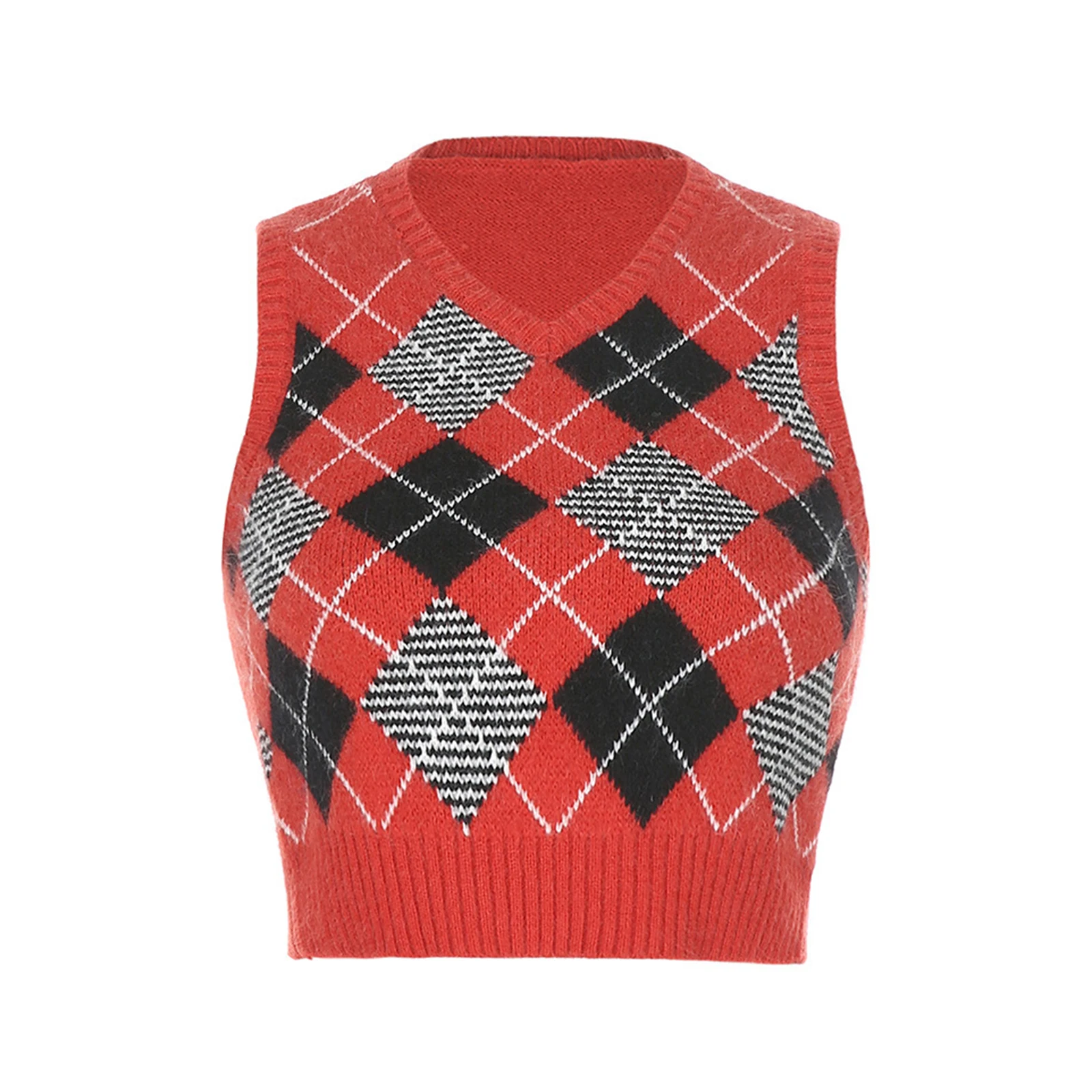 

YHLZBNH Autumn Winter Womens V Neck Vintage Argyle Plaid Pattern Knitted Vest Preppy Style Y2K Black Sleeveless Sweaters Top
