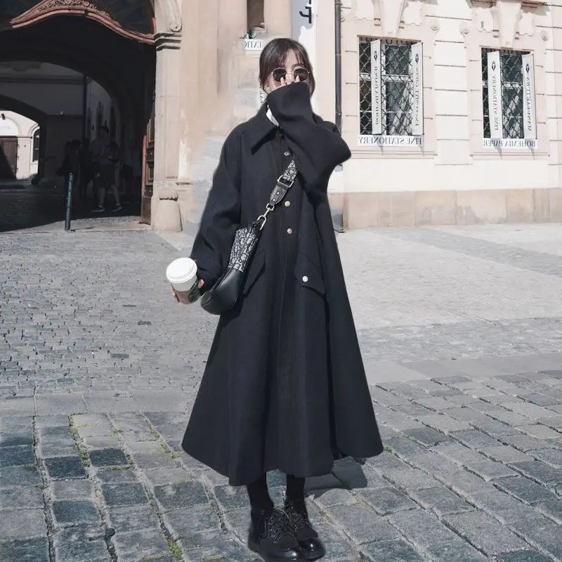 

Hepburn Style Cloak Woolen Coat Ladies Mid-Length Loose Thicker Popular Autumn Winter Long Padded Blend Jacket Windbreaker y1133