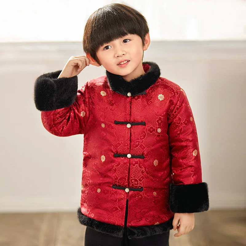 Tang/детский Атласный топ Ципао для мальчиков Утепленные зимние костюмы Детские