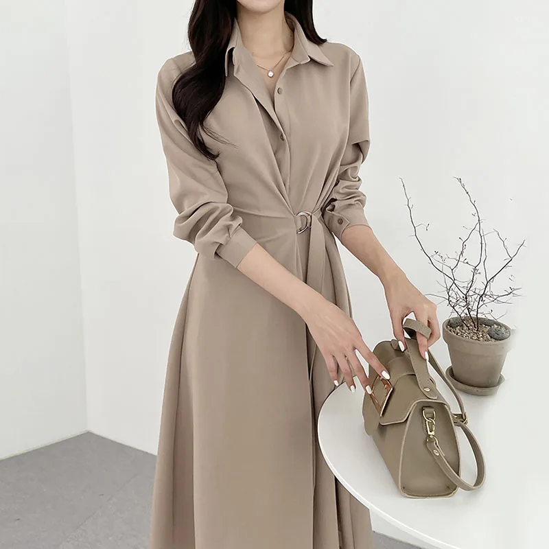 

Korejepo Temperament Dress Long Women Spring and Autumn 2021 New Lapel Collar Single Breasted Pleated Belt Waist Closing Dresses