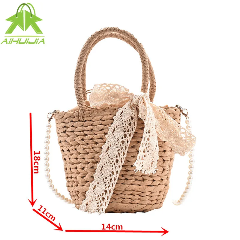 

Straw Women Handbags Rattan Bag 2021 Summer New Bohemia Beach Ribbon Design Straw Bag Fashion Pearl One-shoulder Messenger Bag