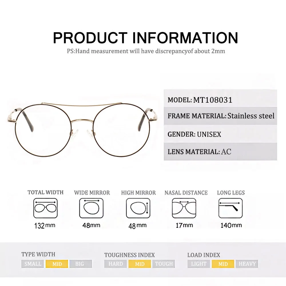 Двойная мостиковая круглая металлическая оправа винтажная для очков мужчин и