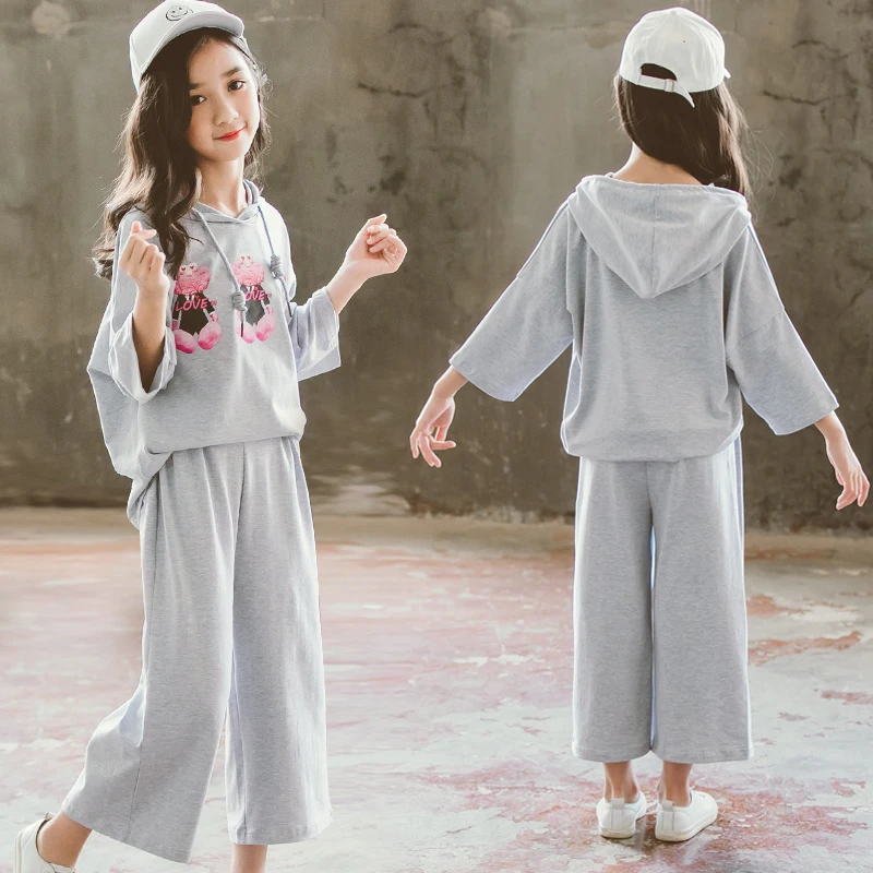 Осенний костюм с капюшоном широкие штаны для девочек 2019 корейские повседневные