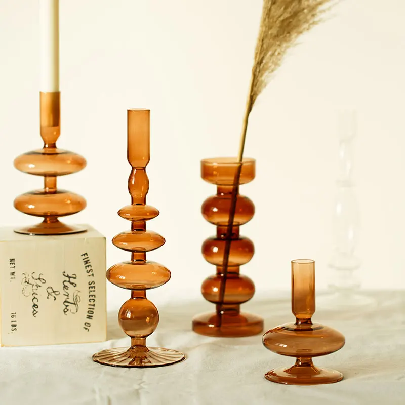 

Art Glass Candle Holder Vintage Brown Transparent Simple Candle Holder Small Lampion Drewniany Table Decoration Accessories 60