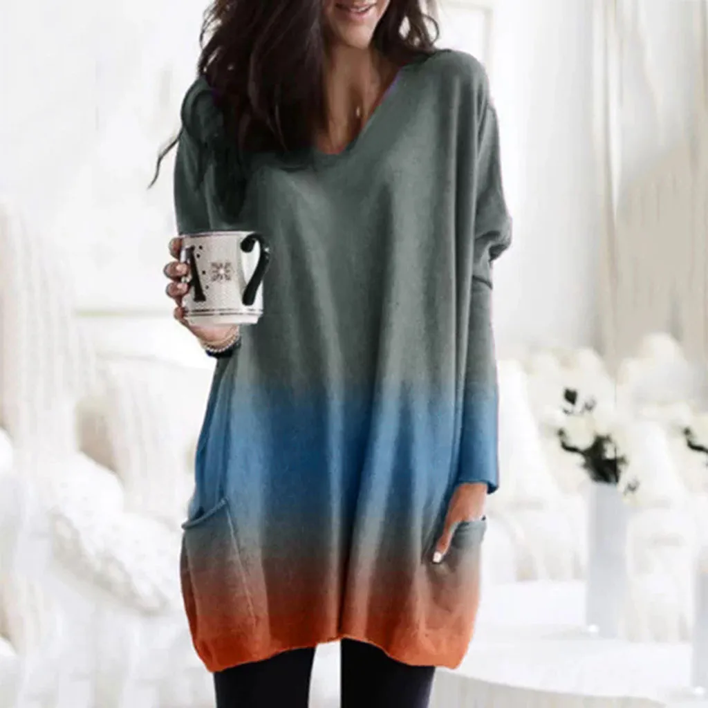 Трендовая женская блузка окрашенная теплая длинный рукав v образный вырез