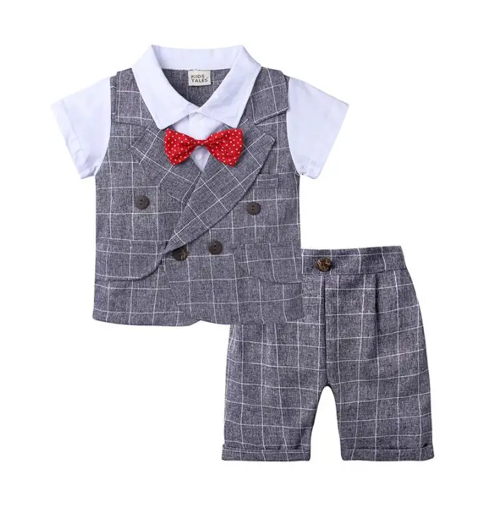 2020 NEW Kids Boys Clothes Set Summer Children Clothing Short Sleeves Gentleman Bow Shirts+Plaid Shorts Suits Toddler | Детская одежда
