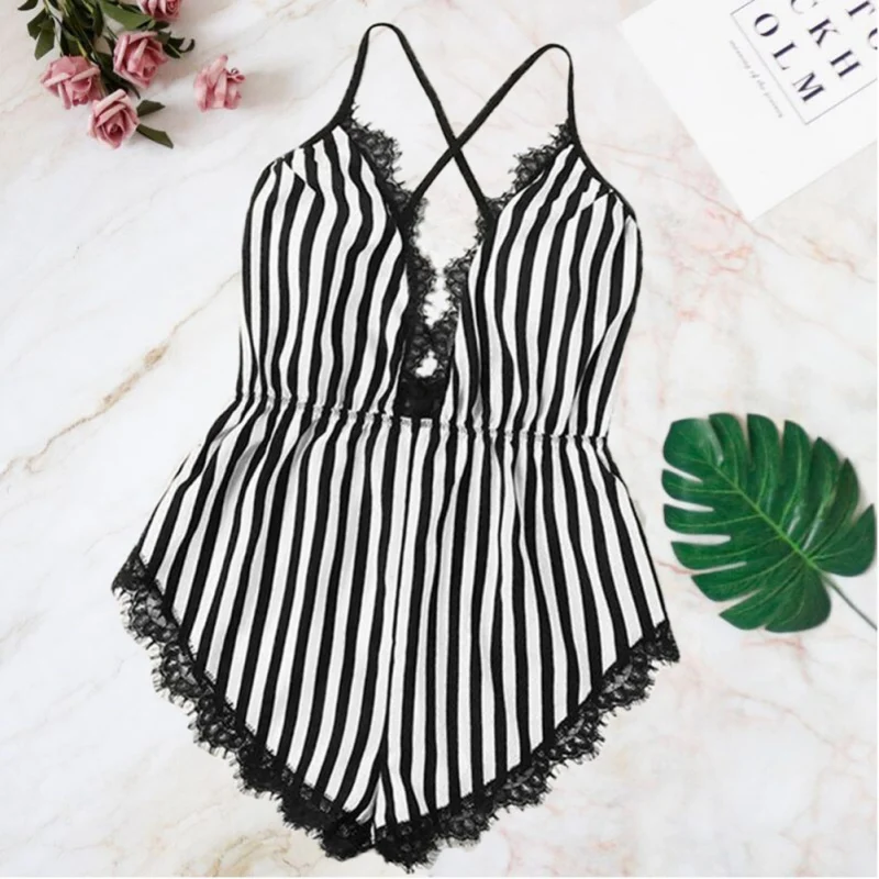 Sexy Women Lace Underwear Cross Back Backless Bodysuit Fashion Female Striped Sleepshirt Sleep Bodysuits |