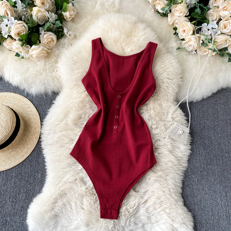 

Foamlina Bodysuit Women Sexy Deep V-neck Sleeveless Knitted Romper Slim Fit Summer Bodysuit Skinny Elastic Bottom Top Female