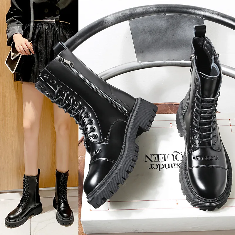 

Новинка 2021, женские ботинки-мартинсы на толстой подошве, осенне-зимние модные женские ботинки средней длины с бархатной вставкой и хлопково...