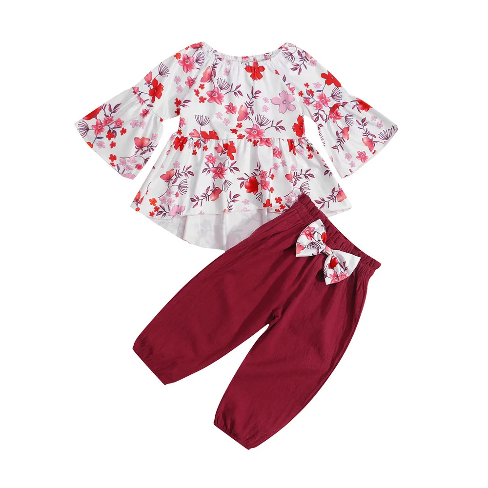 

Summer 2021 New Fashion Girls Floral Print Clothes Set, Irregular Hem Long Sleeve O-neck Tops + Trousers with Bow-knot