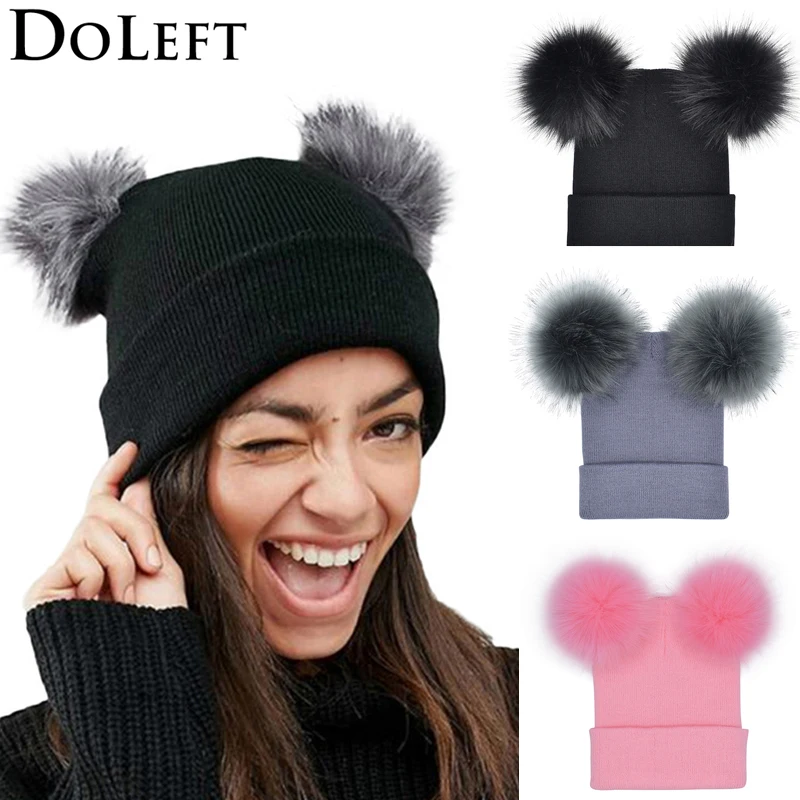 

2020 New Year Double Faux Fur Pom Pom Winter Hats for Women Solid Knitted Beanie Women Girls Warm Winter Caps Skullies bonnet