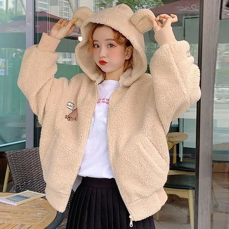 

2020 new winter clothes Korean female students imitation lamb wool cardigan jacket loose all-match bf cute hooded thick sweater