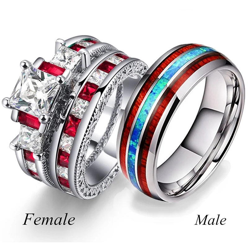 

Carofeez 2023 Trendy Jewelry Couple Rings For Lover's Men's Stainless Steel Wood Opal Rings Cute Zircon Rings Set Women's Rings