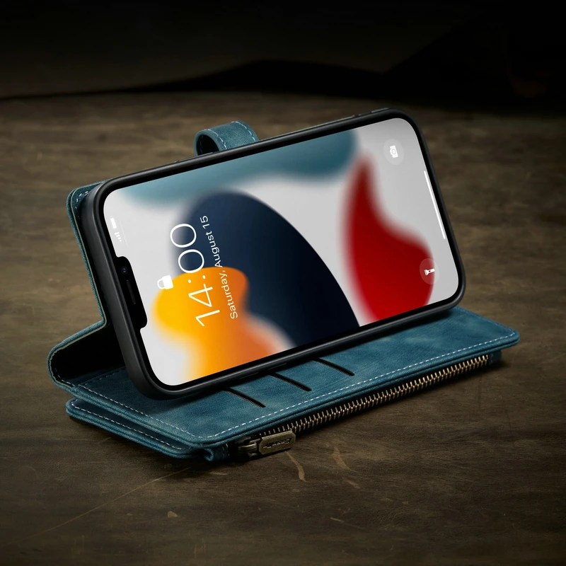 CaseMe-Funda de cuero con soporte para iPhone, carcasa con cremallera y 10 ranuras para tarjetas, para modelos 12 Min, Xs, Xr, Xs Max, 7, 8, 6S Plus, 13Pro-3