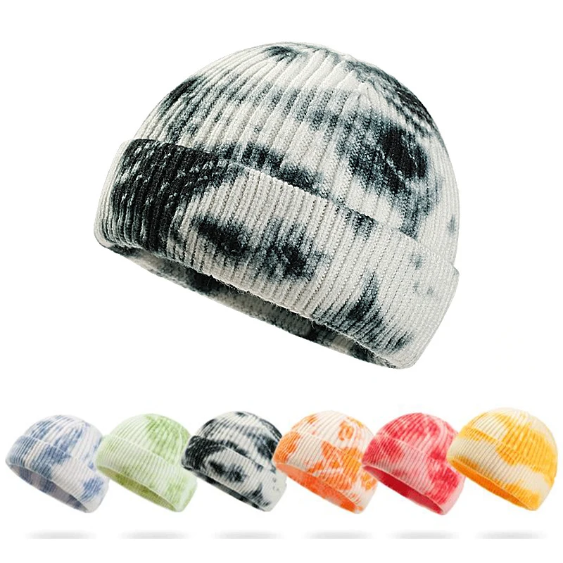 Зимняя теплая вязаная женская шапка Tie dye повседневная в стиле хип хоп с короткой