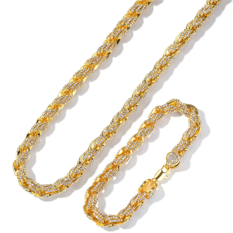 

Hip Hop Rope Chain Necklace Bracelet Set Pave Austrian Rhinestones Width 9mm Bling Iced Out Chain Jewelry Set For Men
