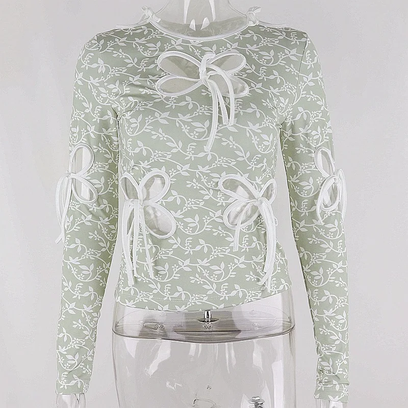 

Sweet Fashion Floral Printing Feminine clothes Casual Long Sleeve T-Shirts Women Chic Butterfly Hollow Out Lace Up Crop Top Tees