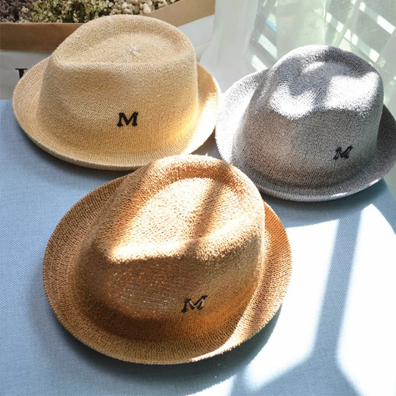

2021 Baby Boys Summer Caps Letter M Straw Cap Sun Beach Hat Panama Jazz Hat