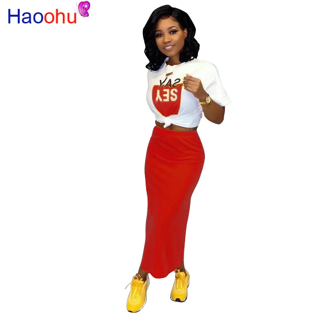 

HAOOHU Summer Autumn Women's set short sleeve Letter Print tee bodycon long maxi skirt suit two piece set tracksuit