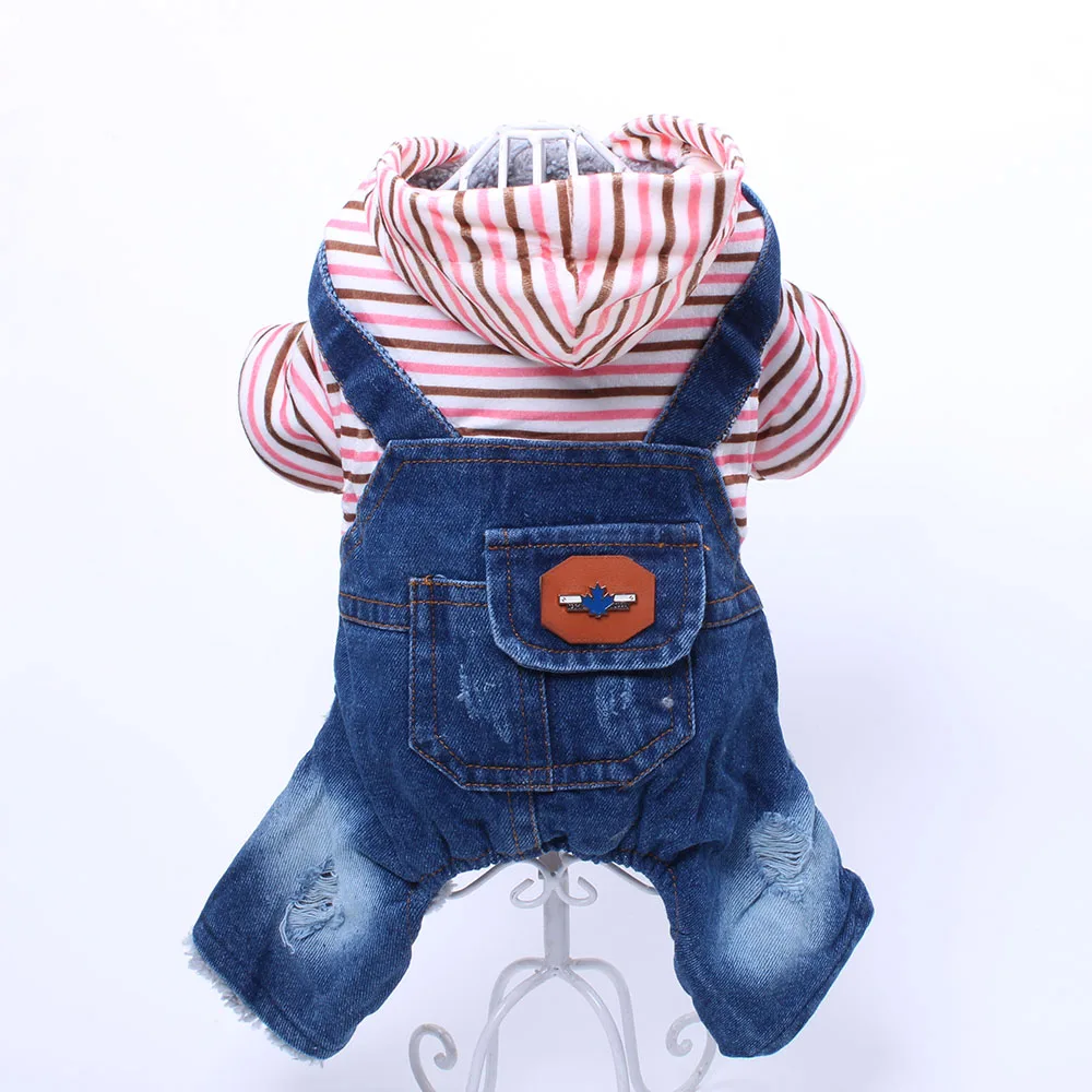 Джинсовый комбинезон для собак пальто зимняя полосатая Толстовка домашних