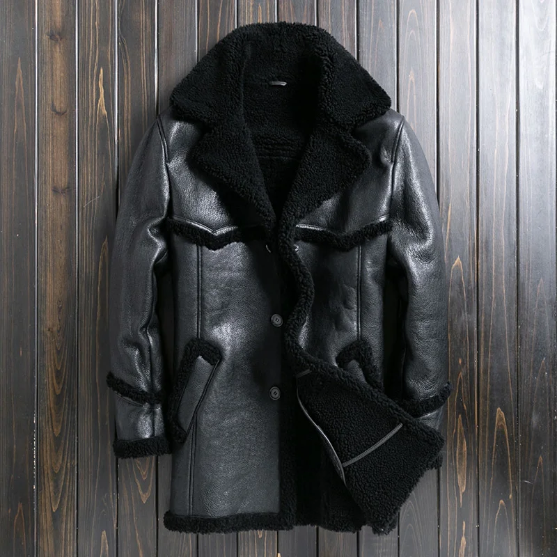 Мужская Повседневная Длинная Куртка из натуральной овечьей шерсти с отложным