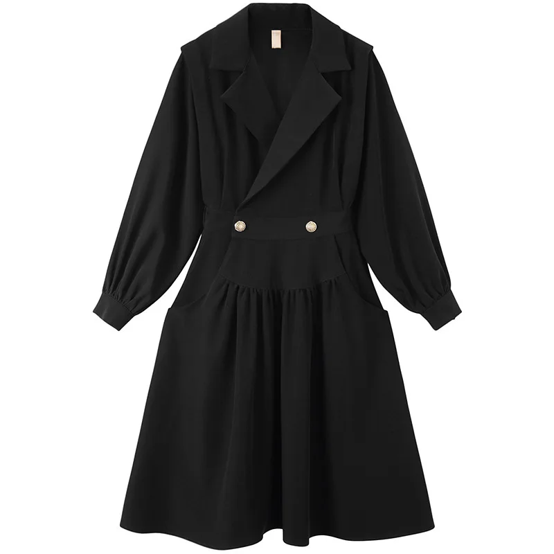 

BacklakeGirls Women Black Button Dress New Lapel Long Sleeve Slim Fit Pocket Blazer Long Dress Fashion Tide Spring Autumn 2021