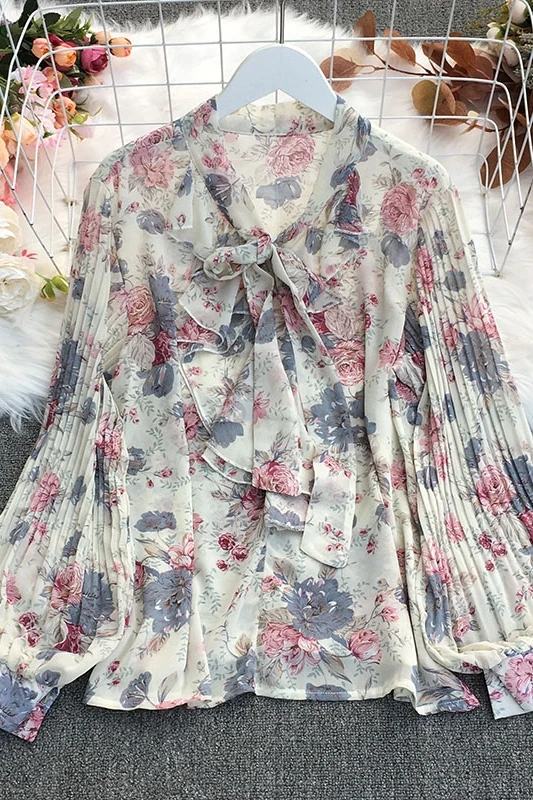 

2021 New Summer Women Temperament All-match bow V-neck lantern sleeve Shirt ruched slim print Shirt Top