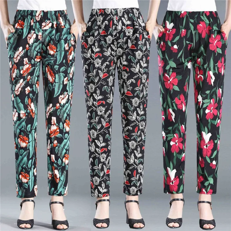 2022Summer Middle-Aged Elderly Women's Pants  Mother Casual Pants High Waist Stretch Printing Straight Leg Pants Women