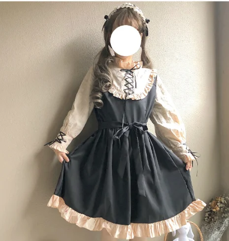 

Japanese Autumn Winter Lolita Dress Long Sleeve Soft Girl Sweet Bowknot Lace Dress Lolita Loli Cos Dresses
