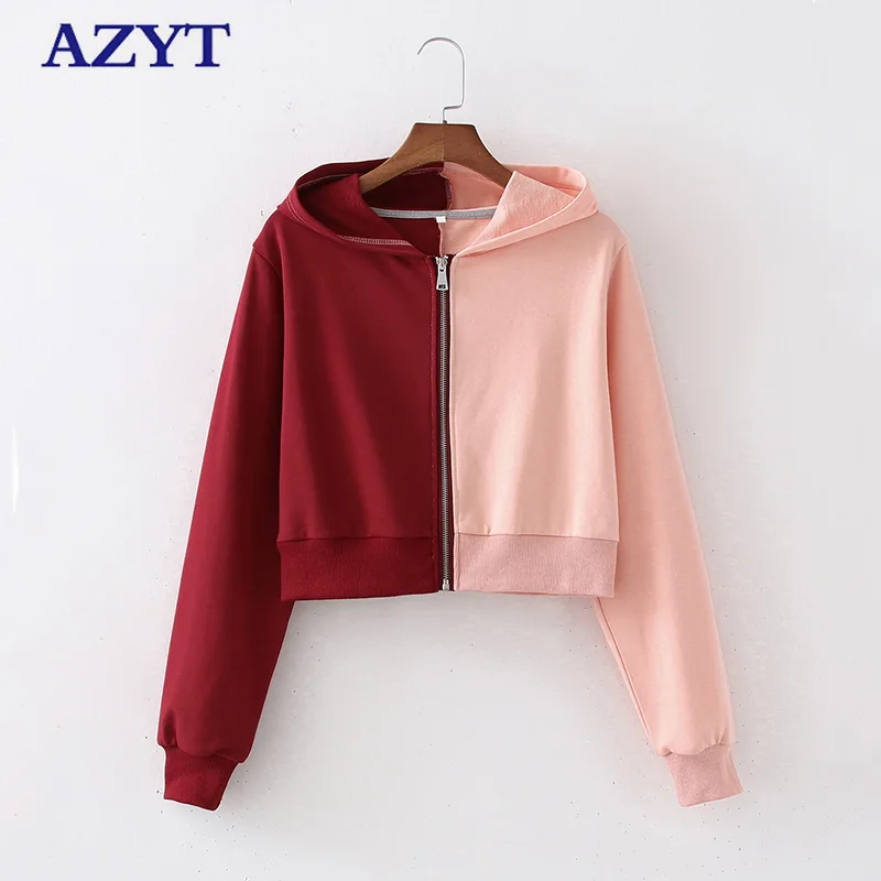 

AZYT 2021 Autumn New Patchwork Women Sweatshirt Casual Zipper Hoodie Sweatshirt Women Korean Loose Hooded Moletom Feminino