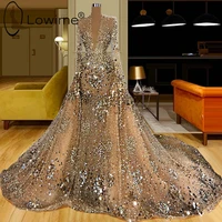 dubai luxury full beading champagne evening dresses long sleeve sexy deep v neck mermaid evening gowns with detachable train
