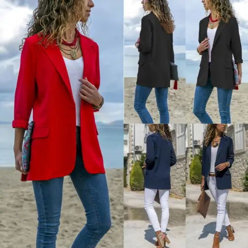 

Women's Work Wear Outwear Casual Slim Solid Blazer Tailored Collar Long Sleeve Jacket Coat Ladies Fashion Party Fitted Tops