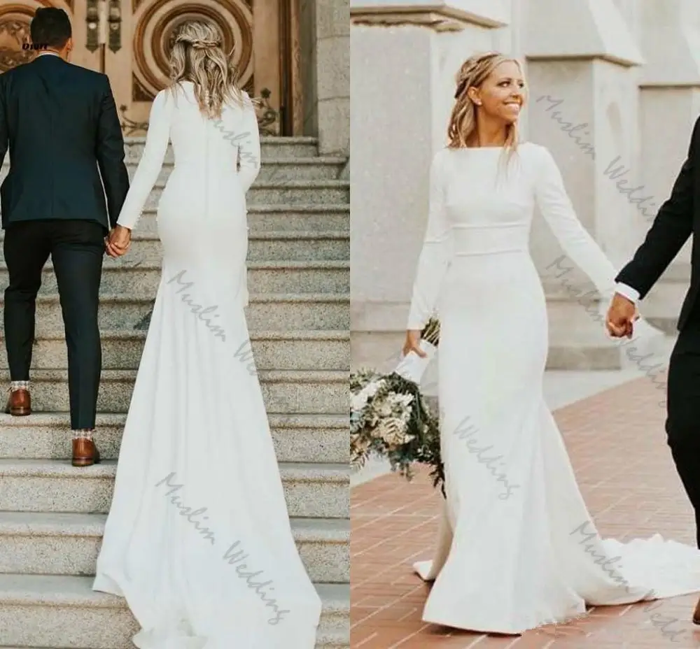 

Богемное простое свадебное платье с длинным рукавом в стиле бохо, атласное мусульманское свадебное платье цвета слоновой кости со шлейфом, ...