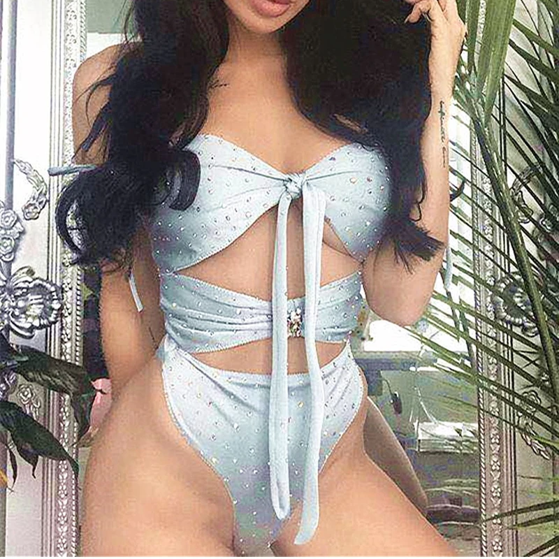 

High Cut Diamond Crystal One Piece Swimsuit Push Up Bathing Suit Women Bodysuit Bandage Sexy Swim Suit Bandeau Swimwear Bikini
