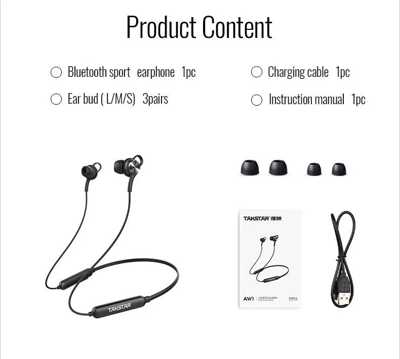 New Takstar AW1 Wireless Bluetooth 5.0 sport earphone dynamic music appreciation In-ear IPX4 waterproof sound prompt | Электроника