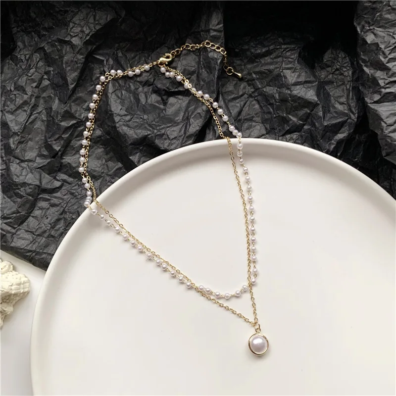 

Simple Simulated-pearls Double Layers Chain Necklace Vintage Party Pendant Necklace