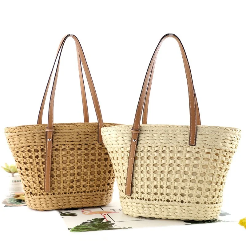 

New Ins Paper Rope Car Buckle One-shoulder Straw Woven Bag Handbag Leisure Female Bag Woven Beach Bag