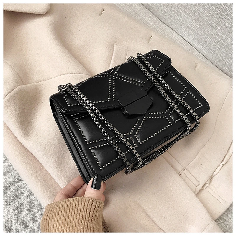 Women's Bags 2020 Studded Chain Small Shoulder Bag Luxury Handbag Well-known Brand Designer Premium Messenger Black | Багаж и сумки