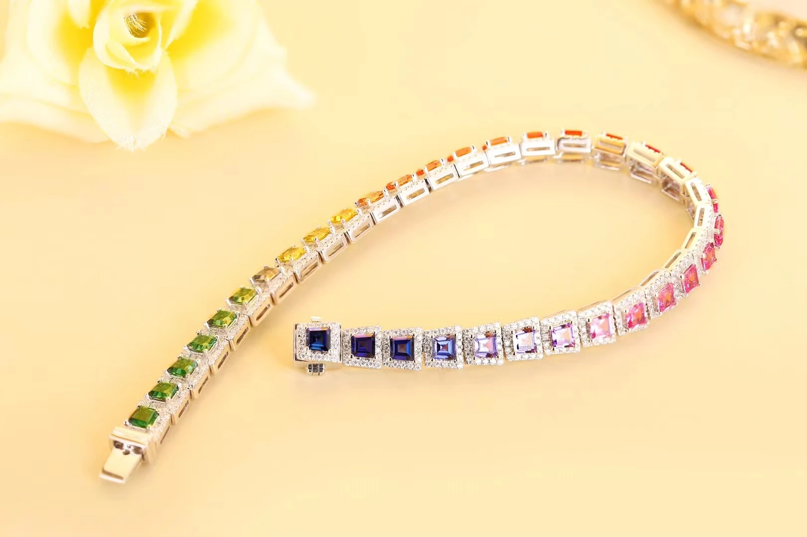 

New Arrival Customized Rainbow Lab Created Sapphire Moissanite Mosaic Shining Bracelet 9K Gold Color Handmade Gift