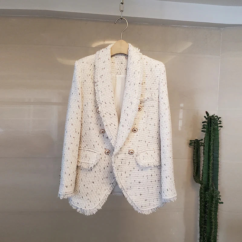 

Женский твидовый пиджак с отложным воротником, подиумный роскошный небольшой пиджак с круглым вырезом, двубортный жакет для осени и зимы