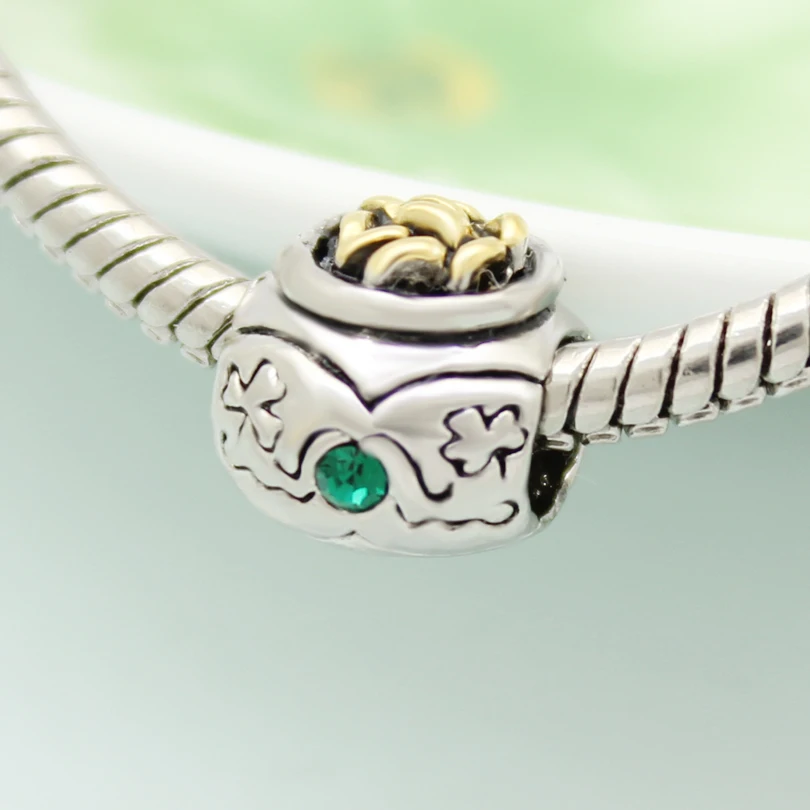Бесплатная доставка золотой кувшин в форме клевера бусина-Шарм с зелеными