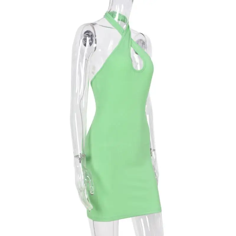 

Mini Dress Basics Clothes Sleeveless Summer Green Woman 2021 Sexy Casual Pure Color Halter Sundress Elegant Bodycon Strappy