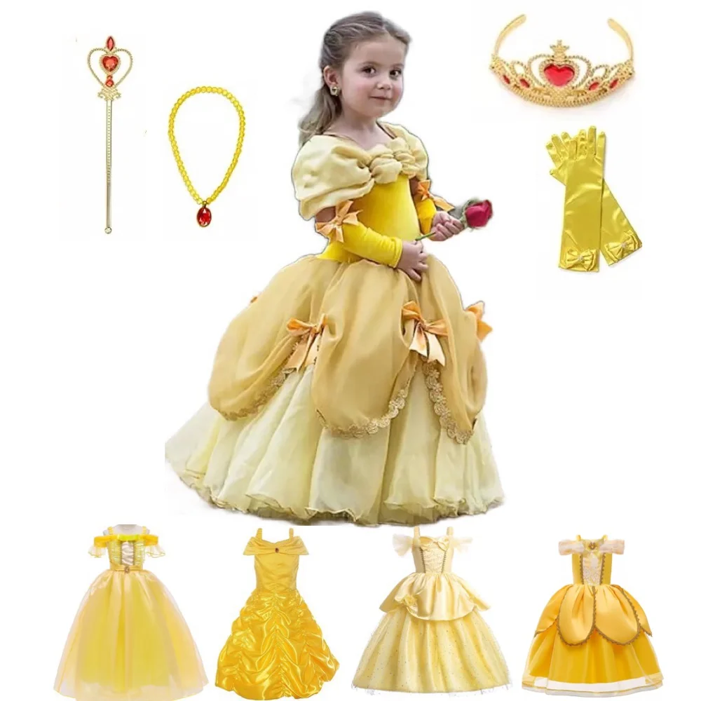 Vestido de princesa Bella para ni&ntilde;a, vestido de baile Floral, disfraz de Bella y bestia, fiesta de lujo-0