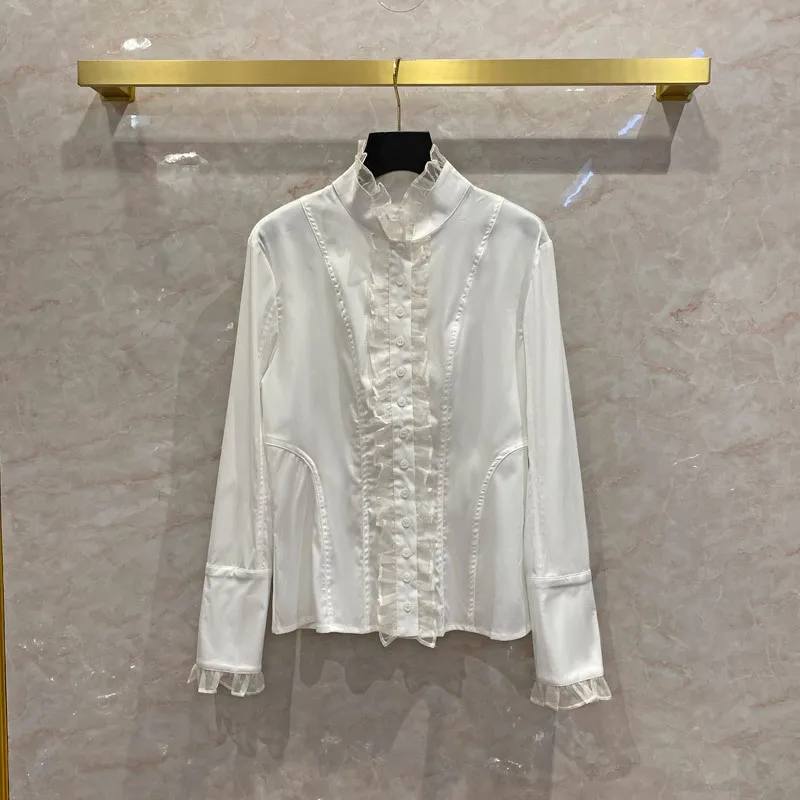 

Court White Shirts for Women Autumn 2021 Fungus Edge Decoration Slim Shirts Luxury Brand 3D Cut Stand Collar Long Sleeve Shirts