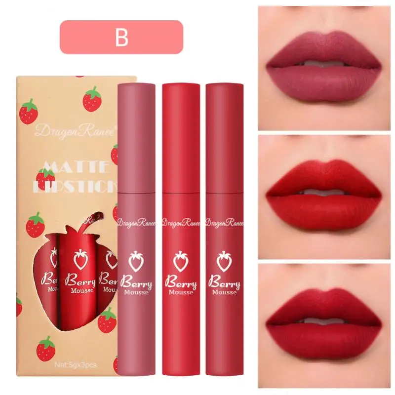 

3 Pcs/set Matte Lip Glaze Boxed Three-color Waterproof Non-marking Sexy Lip Makeup Long-lasting Lip Makeup TSLM1