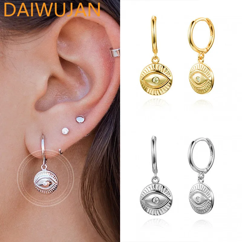 

DAIWUJAN Real 925 Sterling Silver Eyes Hoop Earrings For Women Gold Color CZ Zircon Round Piercing Earrings Jewelry Pendientes