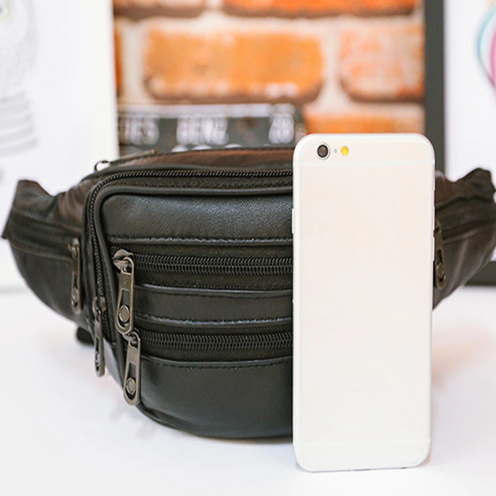 

High Quality Men Fanny Pack Multifunctional PU Leather Waist Bag Travel Money Belt Phone Pouch Black Male Leisure Bag
