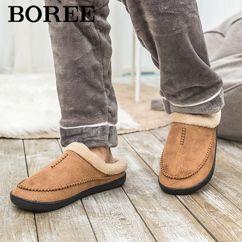 Black New Winter Suede Slippers Warm Indoor Slipper Waterproof Home House Shoes Men Warm Velvet Fur Knitting Shoes
